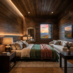 Warmly lit bedroom inside the 2500 sqft cabin, featuring dark wood walls, green and orange bedding, a lamp on a nightstand, a stone-framed window showing a mountain sunset view, and a glimpse of the 2-bedroom, 2-bathroom layout's corner sofa.