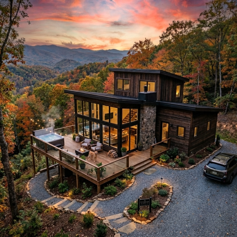 Aerial view of a 2500 sqft modern wooden cabin, featuring 2 bedrooms and 2 bathrooms, nestled in a vibrant autumn forest at sunset, with a spacious deck, steaming hot tub, and mountain views.